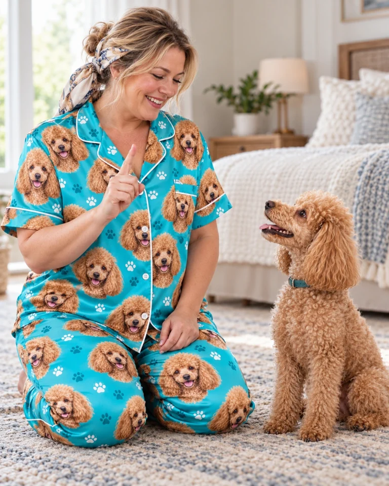Woman in poodle print pajamas with her Poodle — MyDogPics