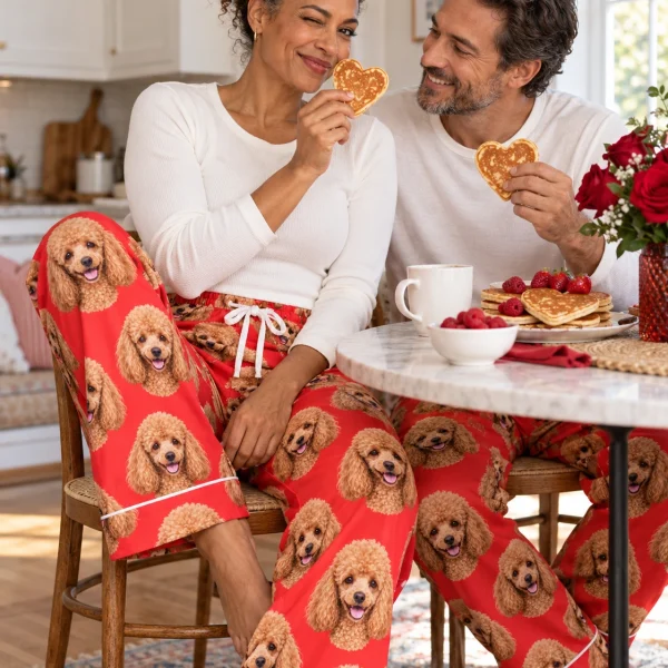 Woman and her partner in matching poodle Valentine pajamas with apricot Poodle faces on red satin — MyDogPics