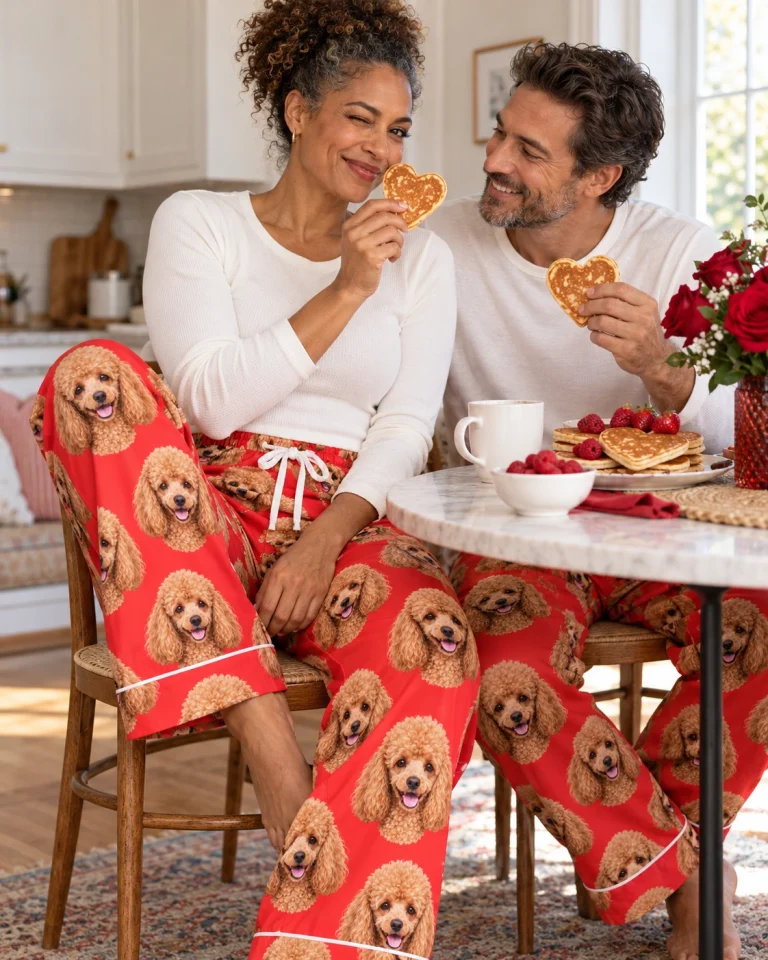 Woman and her partner in matching poodle Valentine pajamas with apricot Poodle faces on red satin — MyDogPics