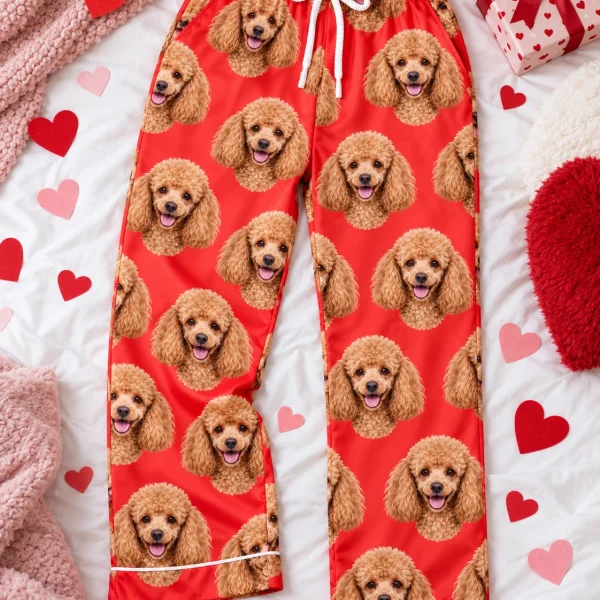 Flat lay of poodle Valentine pajamas: pants covered in apricot Poodle faces — MyDogPics
