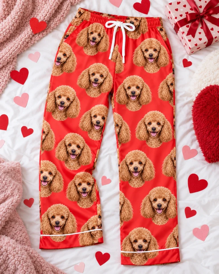 Flat lay of poodle Valentine pajamas: pants covered in apricot Poodle faces — MyDogPics