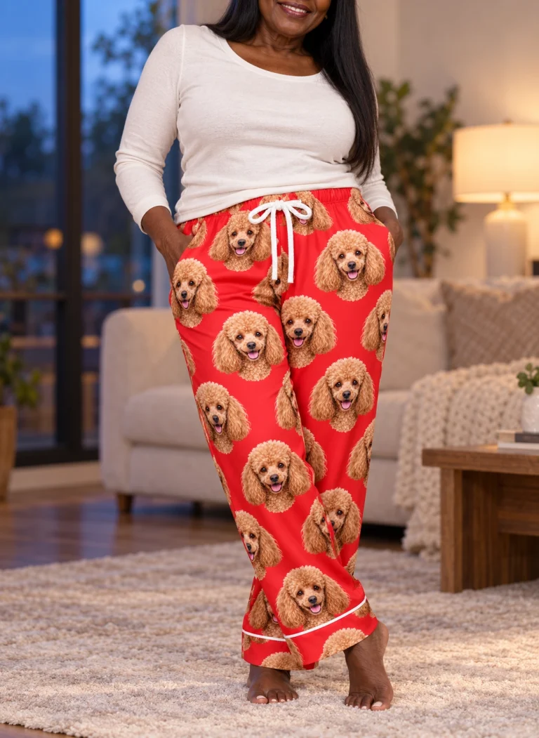 Woman posing in poodle Valentine pajamas, apricot Poodle faces on red satin — MyDogPics