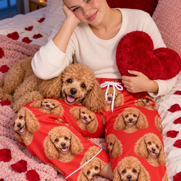 Woman in poodle Valentine pajamas with her Poodle — MyDogPics