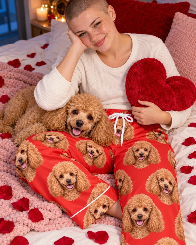 Woman in poodle Valentine pajamas with her Poodle — MyDogPics