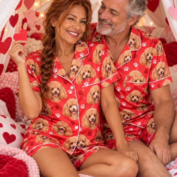 Woman and her partner in matching poodle Valentines day pajama set with apricot Poodle faces — MyDogPics
