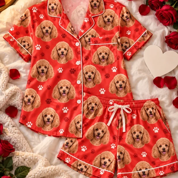 Flat lay of a poodle Valentines day pajama set: shirt and shorts covered in apricot Poodle faces — MyDogPics