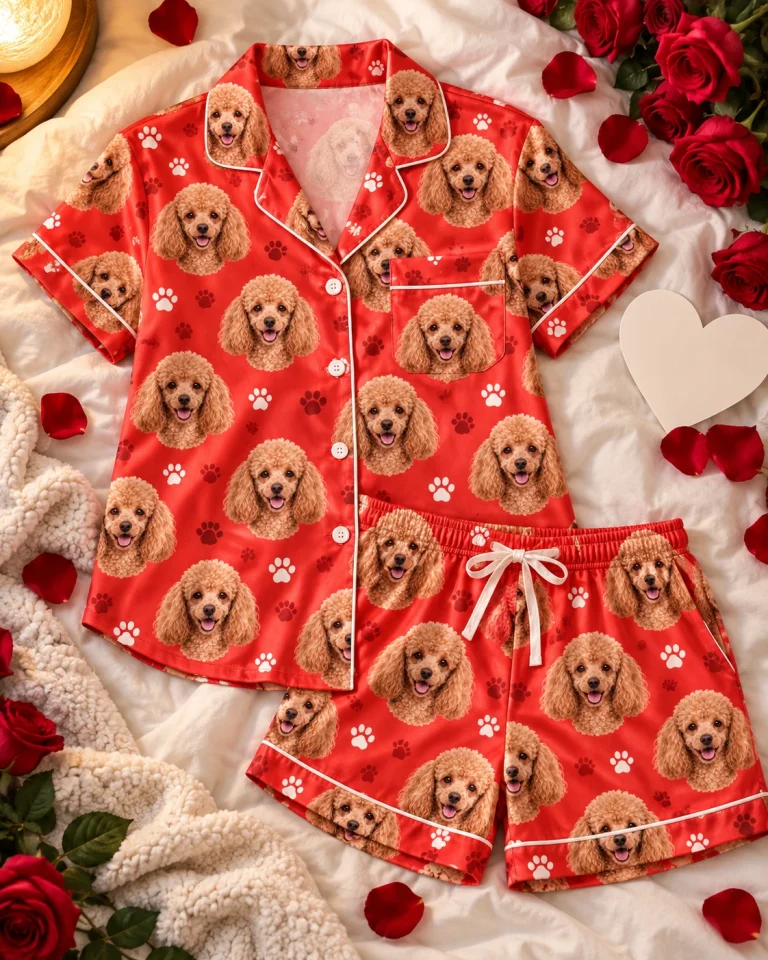Flat lay of a poodle Valentines day pajama set: shirt and shorts covered in apricot Poodle faces — MyDogPics
