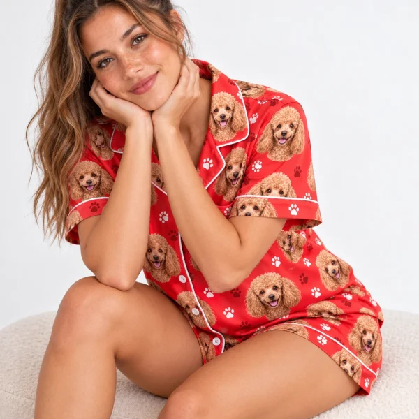 Woman sitting in a poodle Valentines day pajama set covered in apricot Poodle faces — MyDogPics
