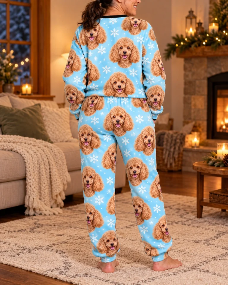 Back view of poodle winter pajamas: the print continues all the way round — MyDogPics