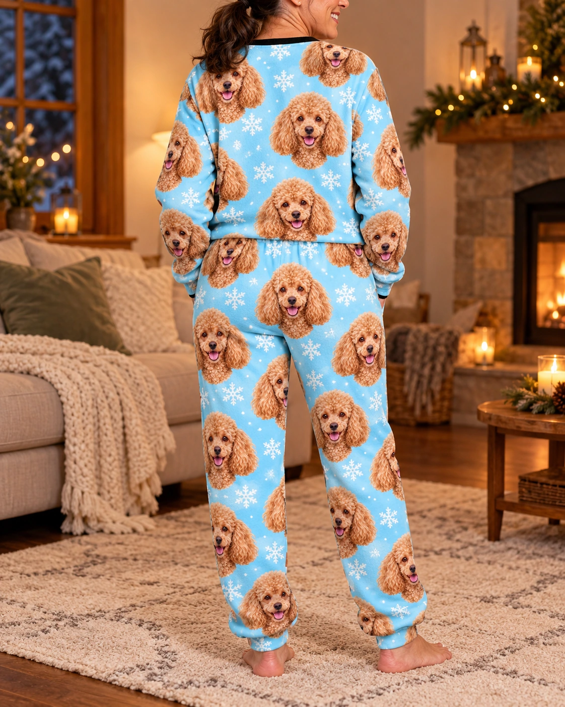 Poodle Winter Pajamas – Back View, Light Blue Snowflake | MyDogPics Back view of poodle winter pajamas: the print continues all the way round — MyDogPics