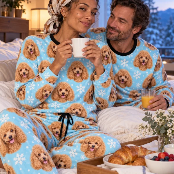 Woman and her partner in matching poodle winter pajamas with apricot Poodle faces on light blue snowflake fabric — MyDogPics