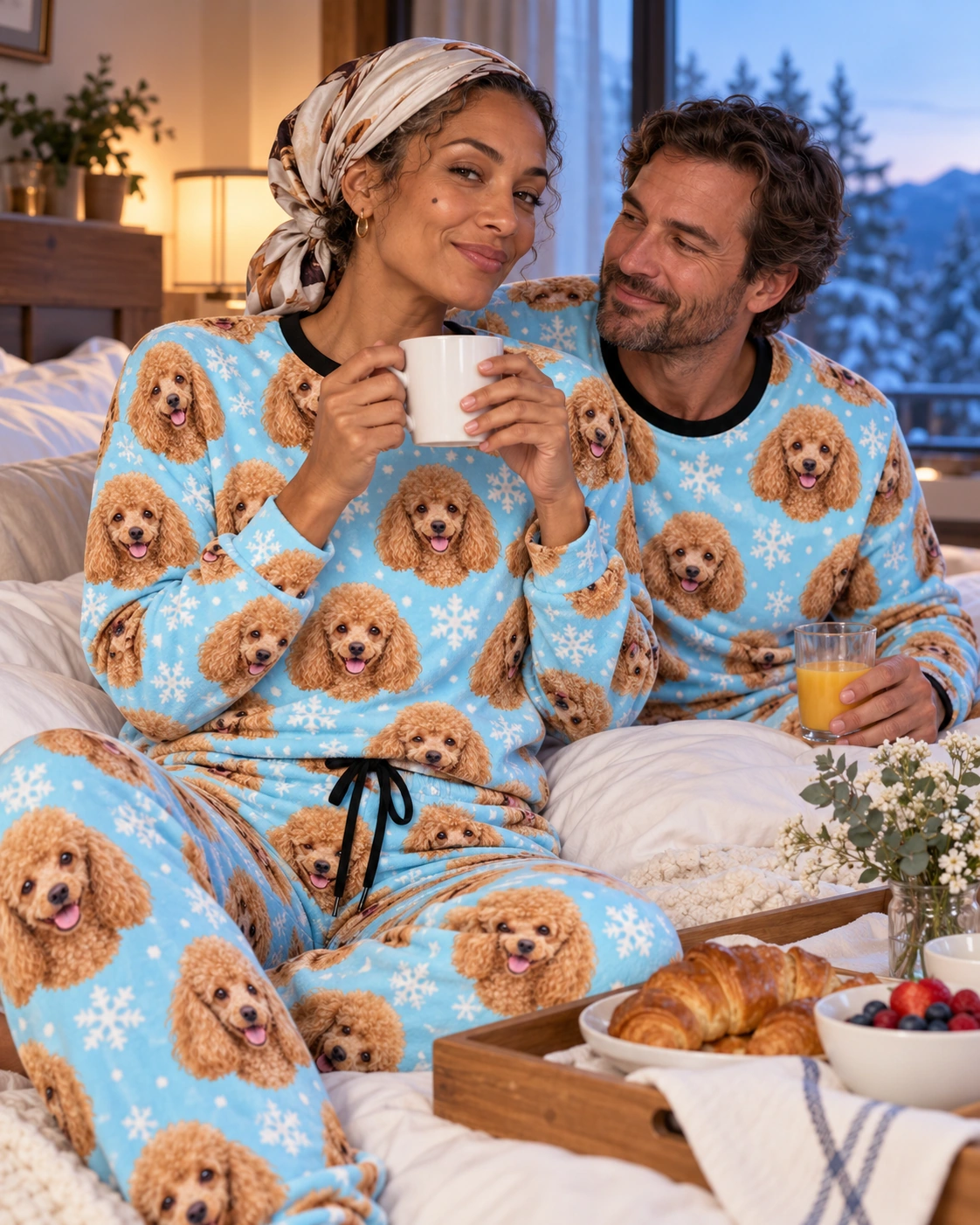 Poodle Winter Pajamas – Family, Light Blue Snowflake | MyDogPics Woman and her partner in matching poodle winter pajamas with apricot Poodle faces on light blue snowflake fabric — MyDogPics
