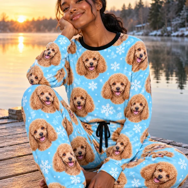 Woman sitting in poodle winter pajamas covered in apricot Poodle faces — MyDogPics