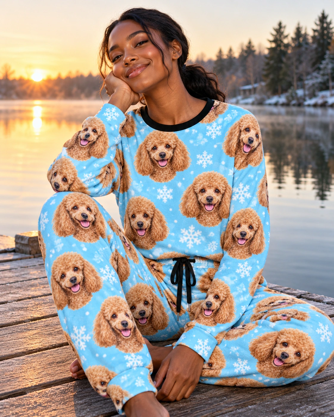 Poodle Winter Pajamas – Sitting, Light Blue Snowflake | MyDogPics Woman sitting in poodle winter pajamas covered in apricot Poodle faces — MyDogPics