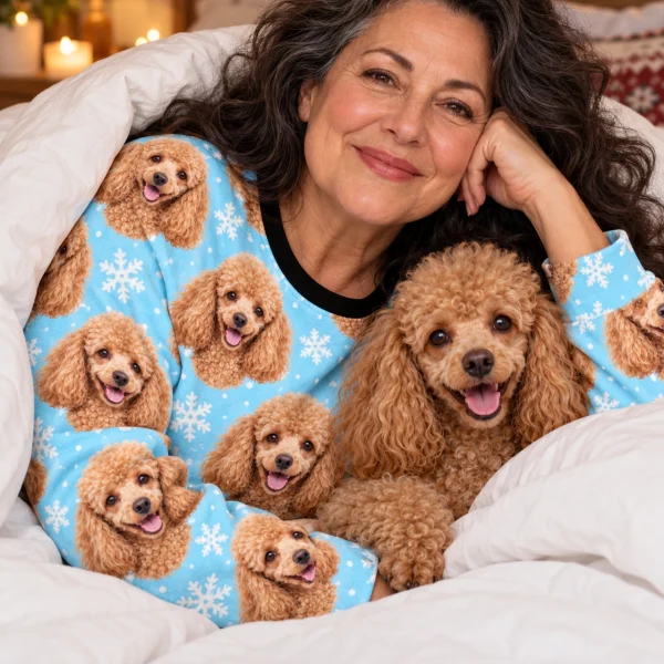 Woman in poodle winter pajamas with her Poodle — MyDogPics
