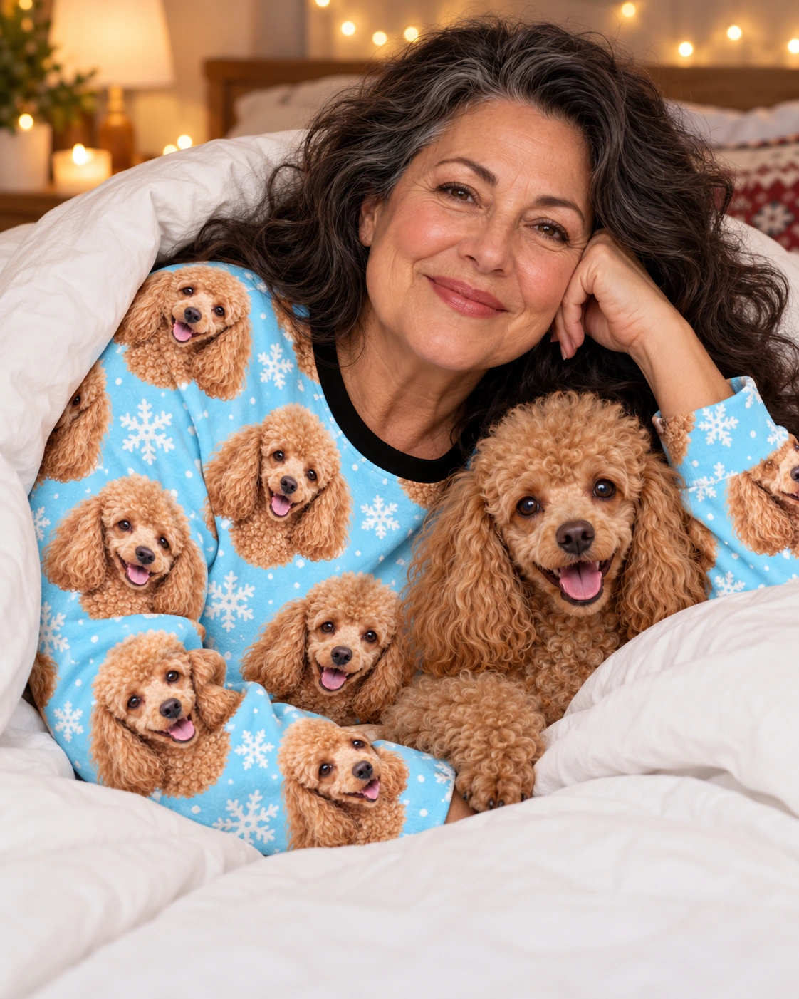 Poodle Winter Pajamas – With Dog, Light Blue Snowflake | MyDogPics Woman in poodle winter pajamas with her Poodle — MyDogPics