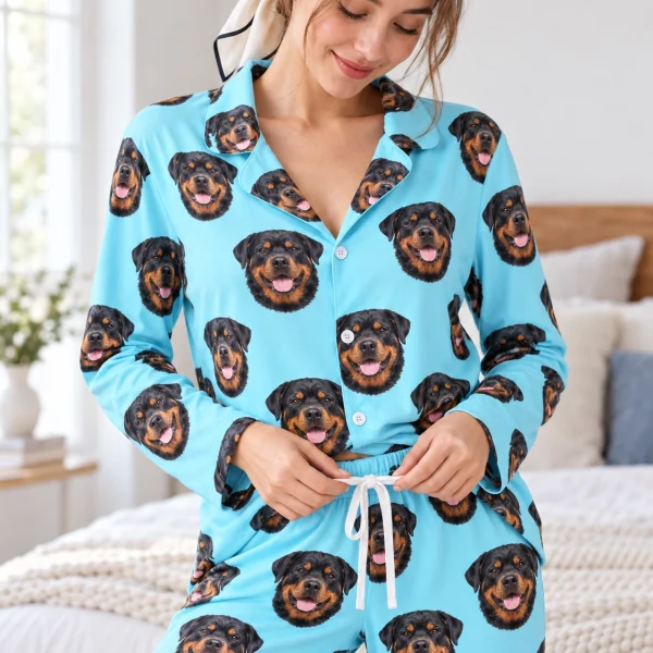 Close-up of the rottie pajamas print: black-and-mahogany Rottweiler faces on light blue fabric — MyDogPics