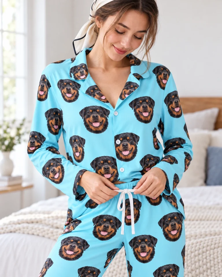 Close-up of the rottie pajamas print: black-and-mahogany Rottweiler faces on light blue fabric — MyDogPics