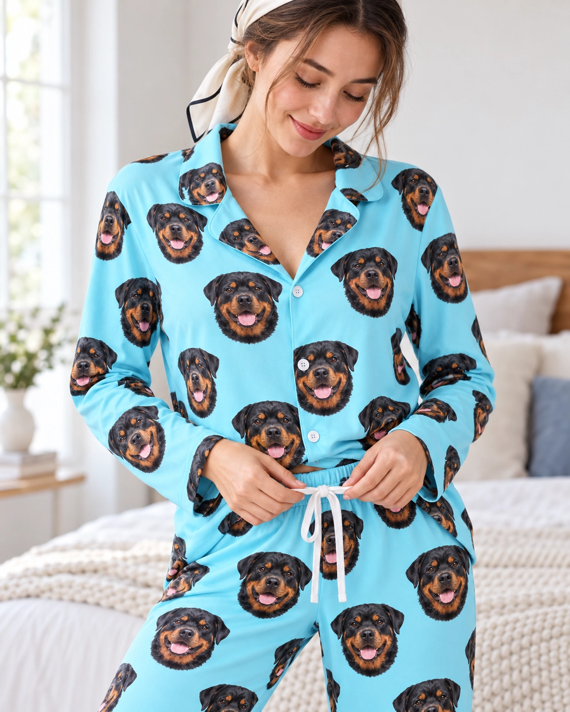 Rottie Pajamas – Print Close-Up, Light Blue | MyDogPics Close-up of the rottie pajamas print: black-and-mahogany Rottweiler faces on light blue fabric — MyDogPics