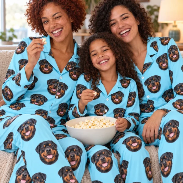Woman and her family in matching rottie pajamas with black-and-mahogany Rottweiler faces on light blue fabric — MyDogPics