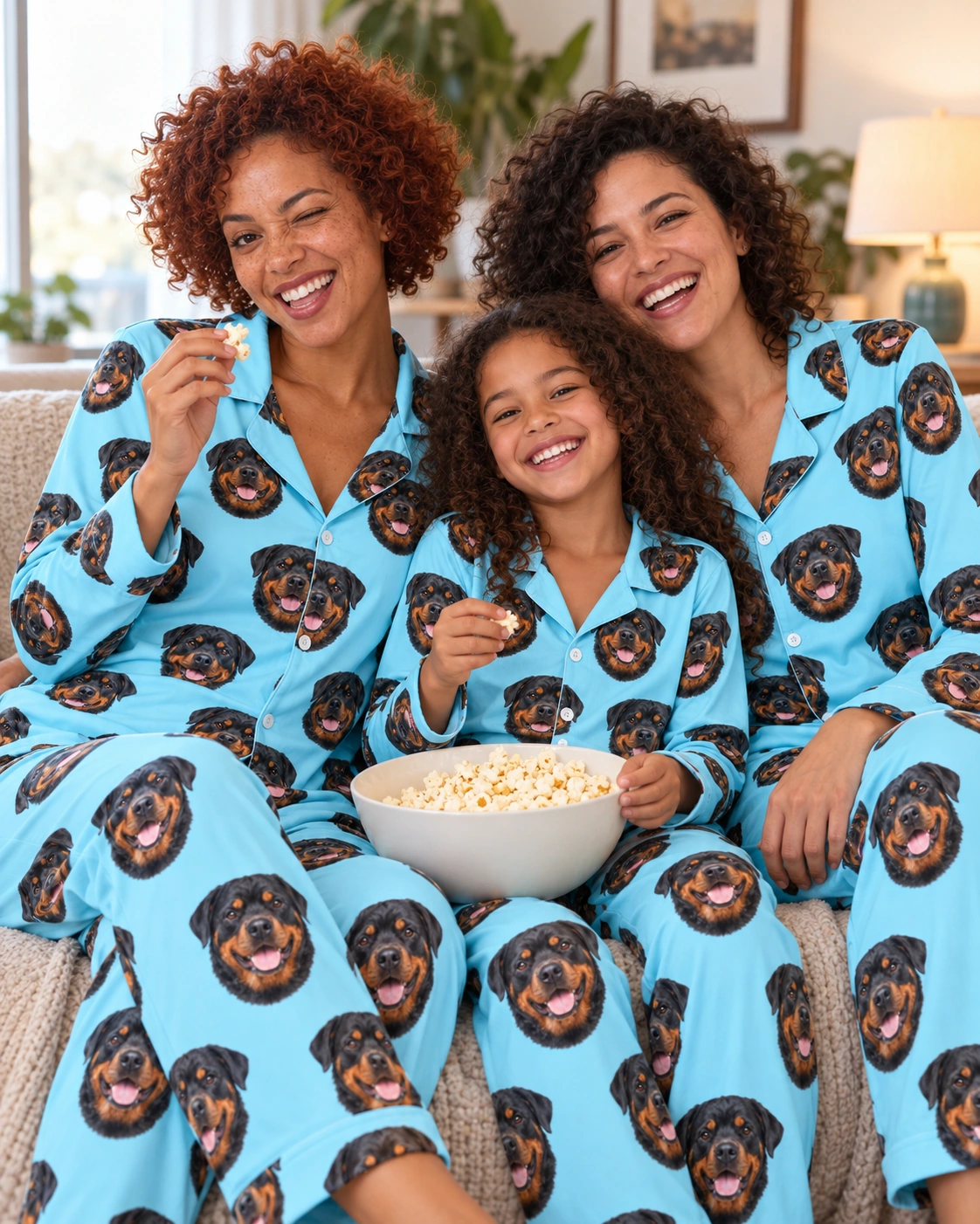 Rottie Pajamas – Family, Light Blue | MyDogPics Woman and her family in matching rottie pajamas with black-and-mahogany Rottweiler faces on light blue fabric — MyDogPics