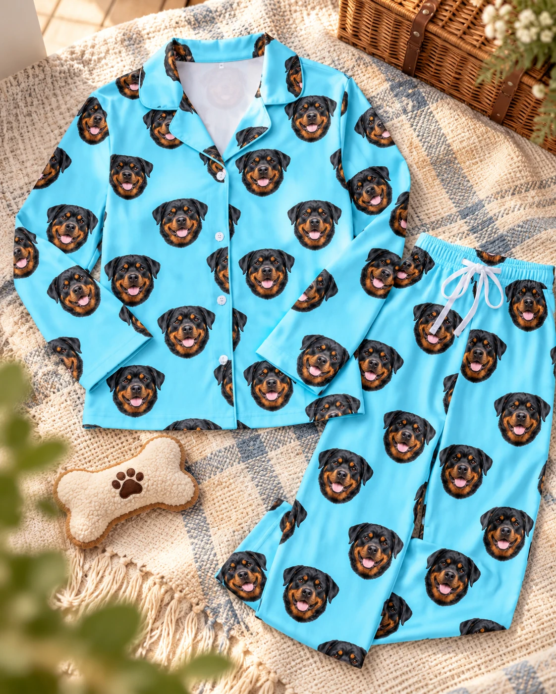 Rottie Pajamas – Flat Lay, Light Blue | MyDogPics Flat lay of rottie pajamas: shirt and pants covered in black-and-mahogany Rottweiler faces — MyDogPics