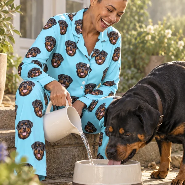 Woman in rottie pajamas with her Rottweiler — MyDogPics