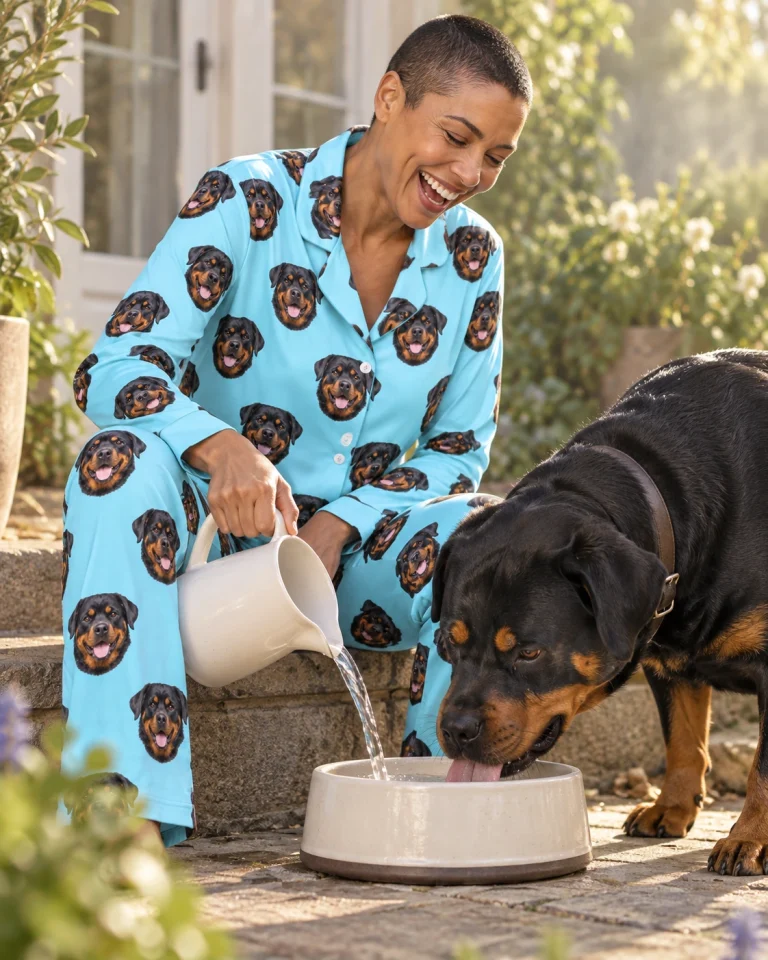Woman in rottie pajamas with her Rottweiler — MyDogPics