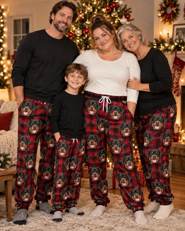 Woman and her family in matching rottweiler Christmas pajama pants with black-and-mahogany Rottweiler faces — MyDogPics