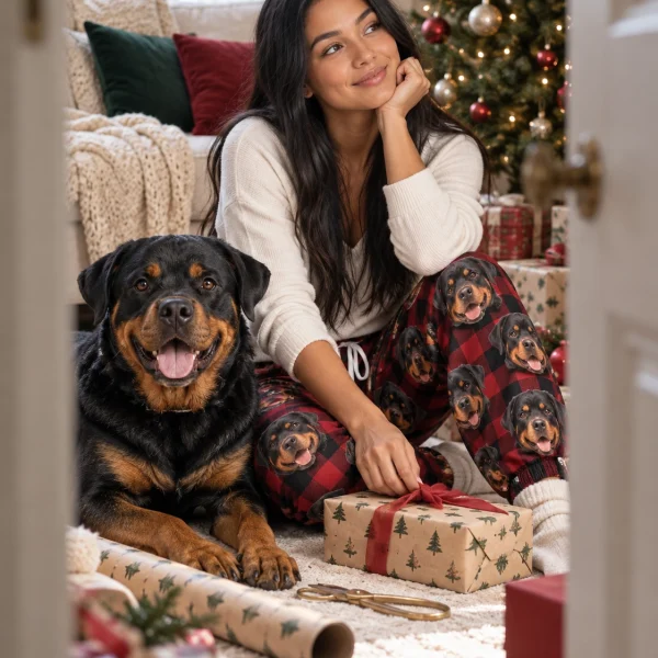 Woman in rottweiler Christmas pajama pants with her Rottweiler — MyDogPics