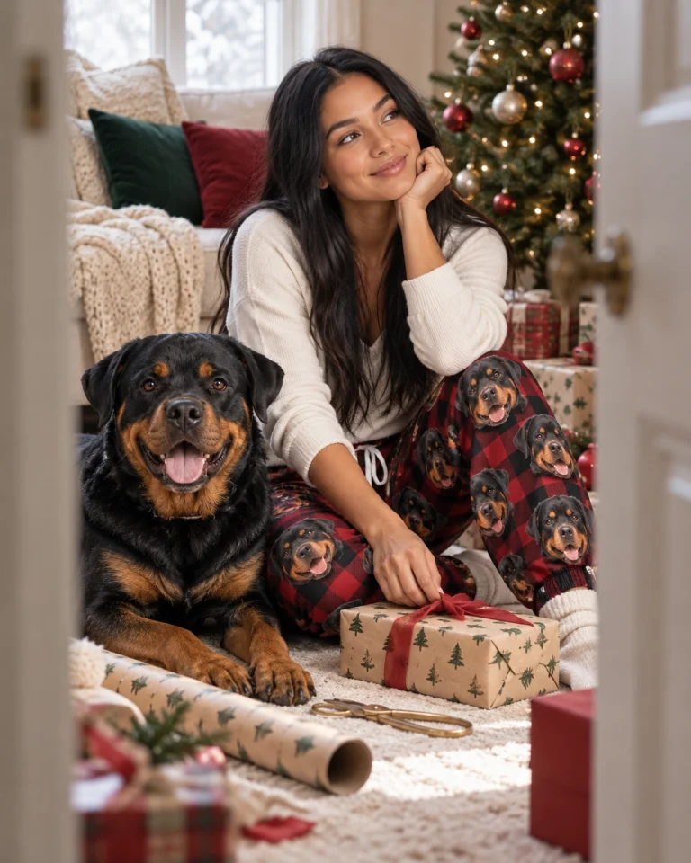 Woman in rottweiler Christmas pajama pants with her Rottweiler — MyDogPics