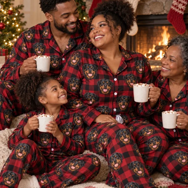 Woman and her family in matching rottweiler Christmas pajamas with black-and-mahogany Rottweiler faces — MyDogPics