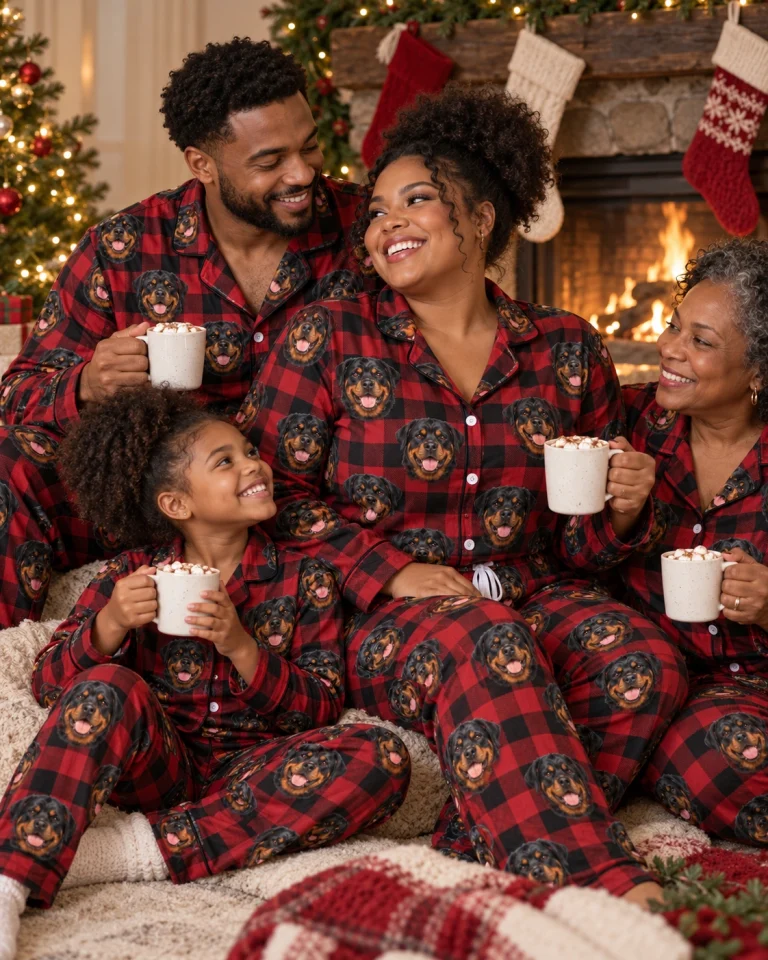 Woman and her family in matching rottweiler Christmas pajamas with black-and-mahogany Rottweiler faces — MyDogPics