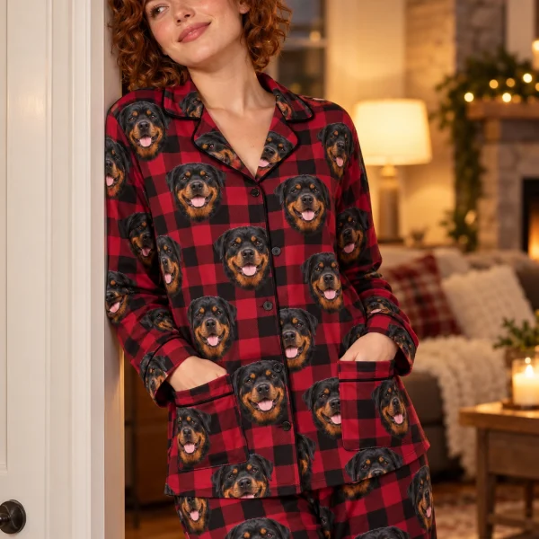 Woman posing in rottweiler Christmas pajamas, black-and-mahogany Rottweiler faces on red plaid fabric — MyDogPics