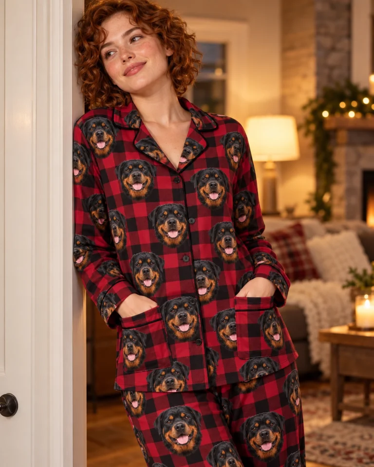 Woman posing in rottweiler Christmas pajamas, black-and-mahogany Rottweiler faces on red plaid fabric — MyDogPics