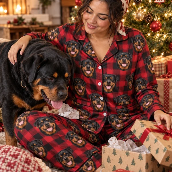 Woman in rottweiler Christmas pajamas with her Rottweiler — MyDogPics