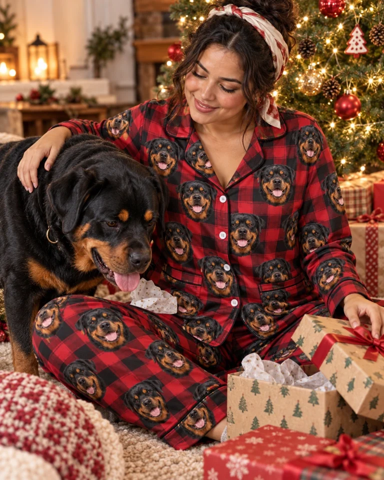 Woman in rottweiler Christmas pajamas with her Rottweiler — MyDogPics