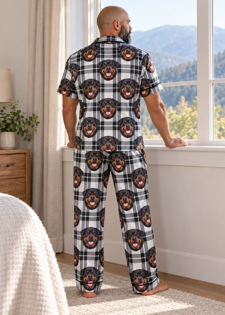 Back view of rottweiler dad pajamas: the print continues all the way round — MyDogPics