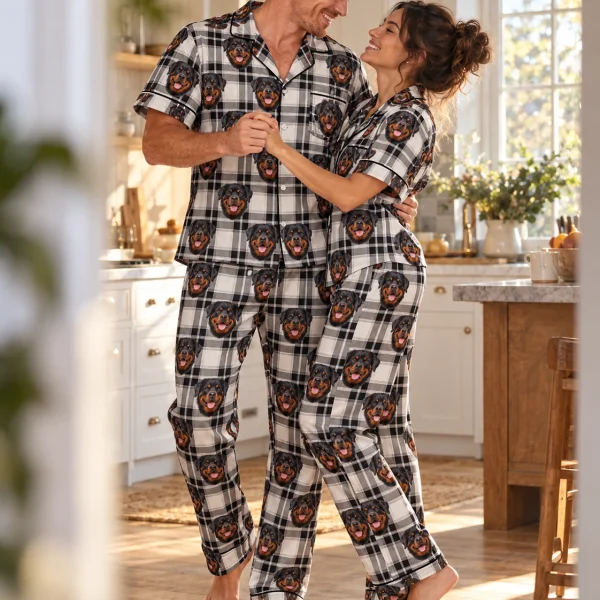Man and his partner in matching rottweiler dad pajamas with black-and-mahogany Rottweiler faces — MyDogPics