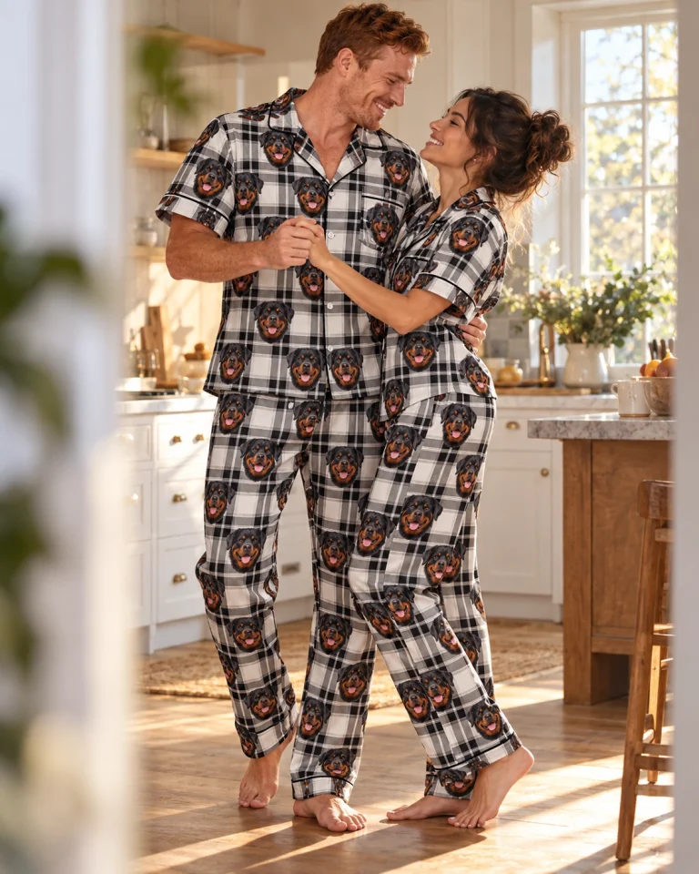 Man and his partner in matching rottweiler dad pajamas with black-and-mahogany Rottweiler faces — MyDogPics