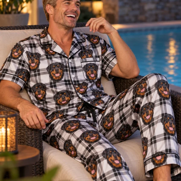 Man sitting in rottweiler dad pajamas covered in black-and-mahogany Rottweiler faces — MyDogPics