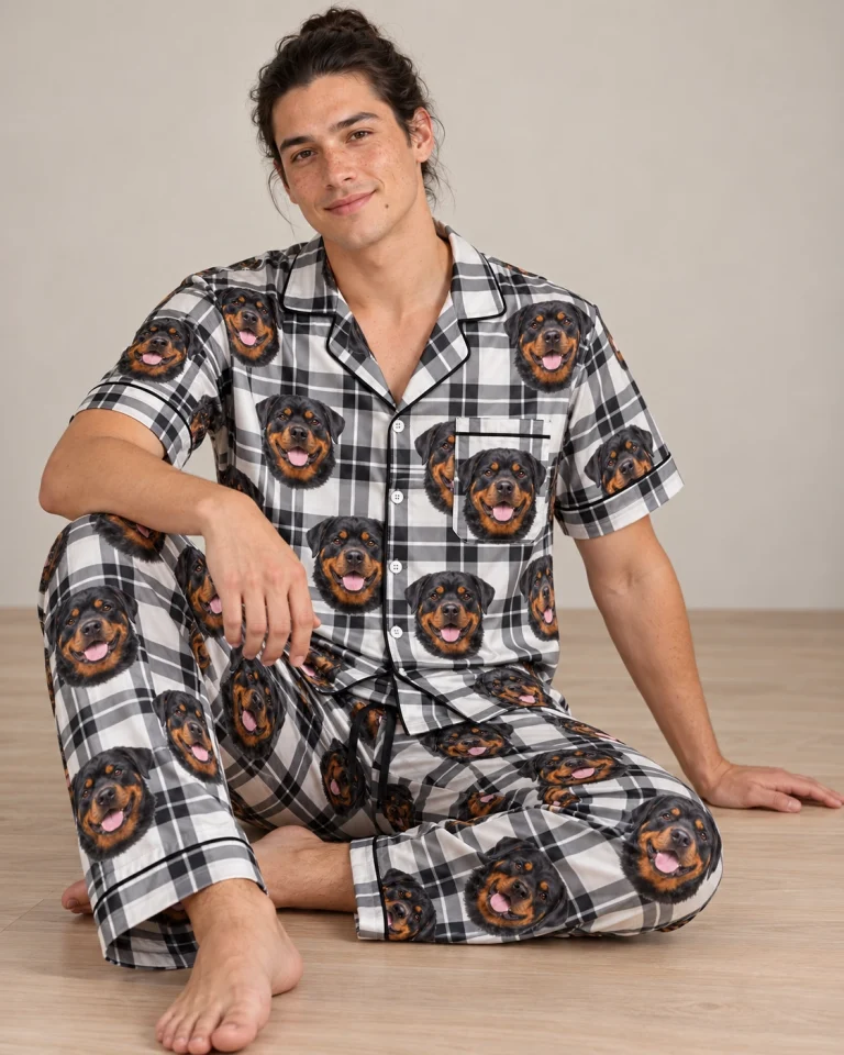 Man sitting in rottweiler dad pajamas covered in black-and-mahogany Rottweiler faces — MyDogPics