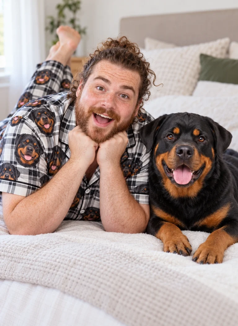 Man in rottweiler dad pajamas with his Rottweiler — MyDogPics