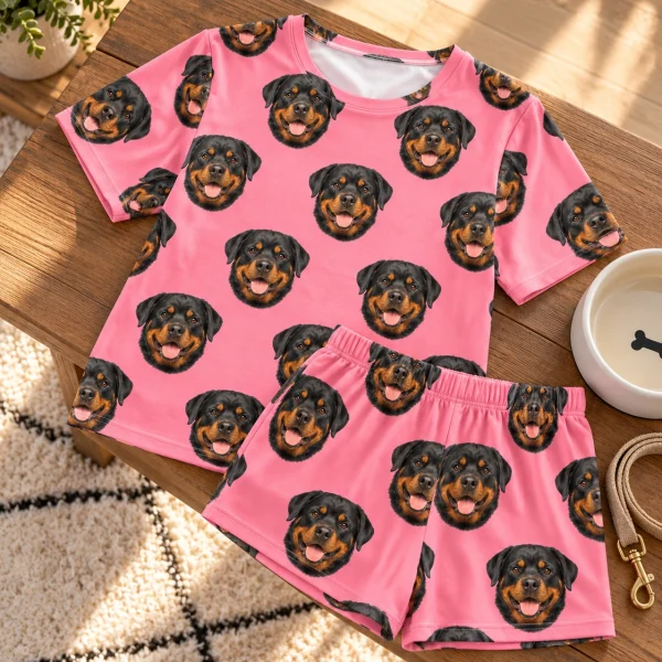 Flat lay of a rottweiler lounge set: shirt and shorts covered in black-and-mahogany Rottweiler faces — MyDogPics