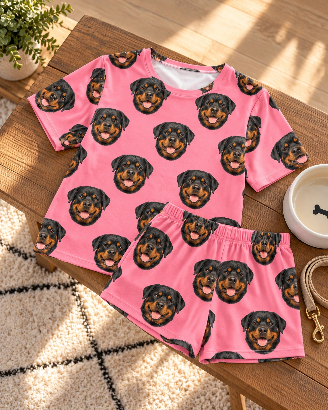 Rottweiler Lounge Set – Flat Lay, Pink | MyDogPics Flat lay of a rottweiler lounge set: shirt and shorts covered in black-and-mahogany Rottweiler faces — MyDogPics