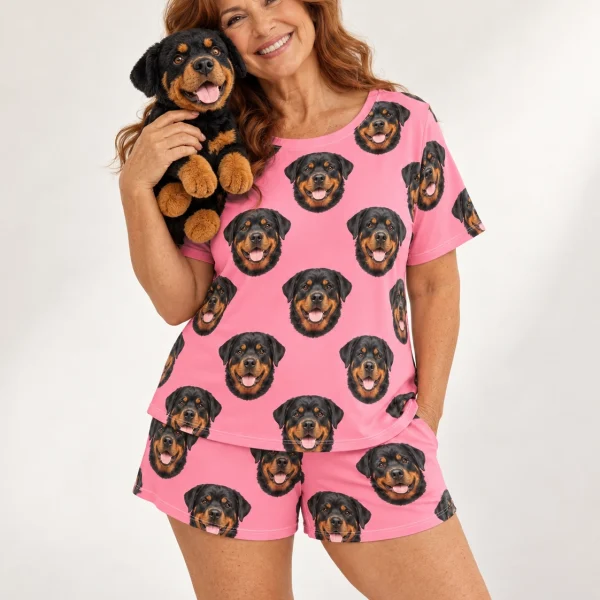 Woman posing in a rottweiler lounge set, black-and-mahogany Rottweiler faces on pink fabric — MyDogPics