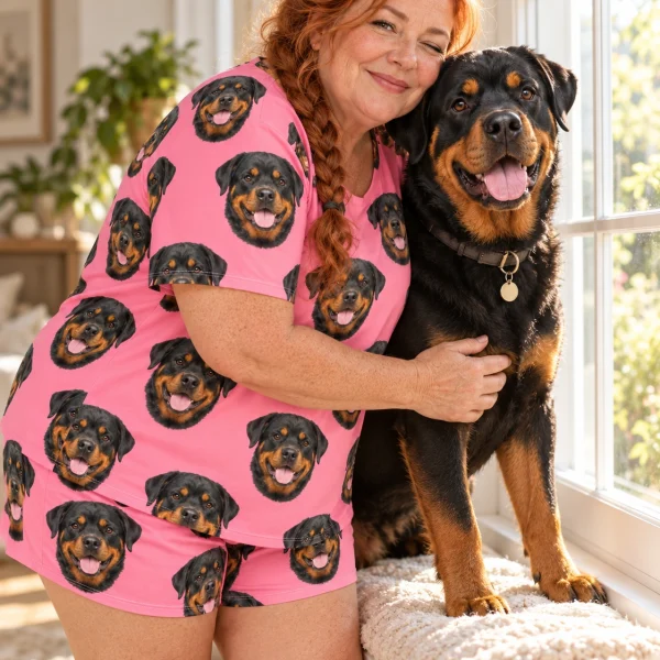 Woman in a rottweiler lounge set with her Rottweiler — MyDogPics