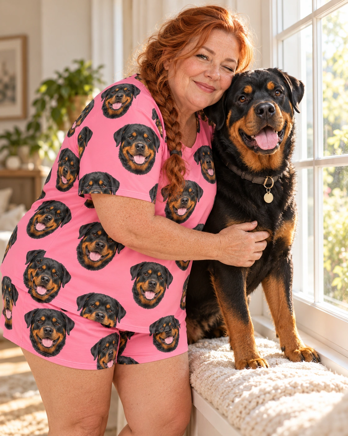 Rottweiler Lounge Set – With Dog, Pink | MyDogPics Woman in a rottweiler lounge set with her Rottweiler — MyDogPics