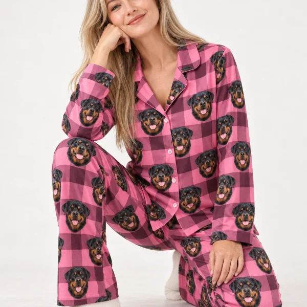 Woman sitting in rottweiler mom pajamas covered in black-and-mahogany Rottweiler faces — MyDogPics