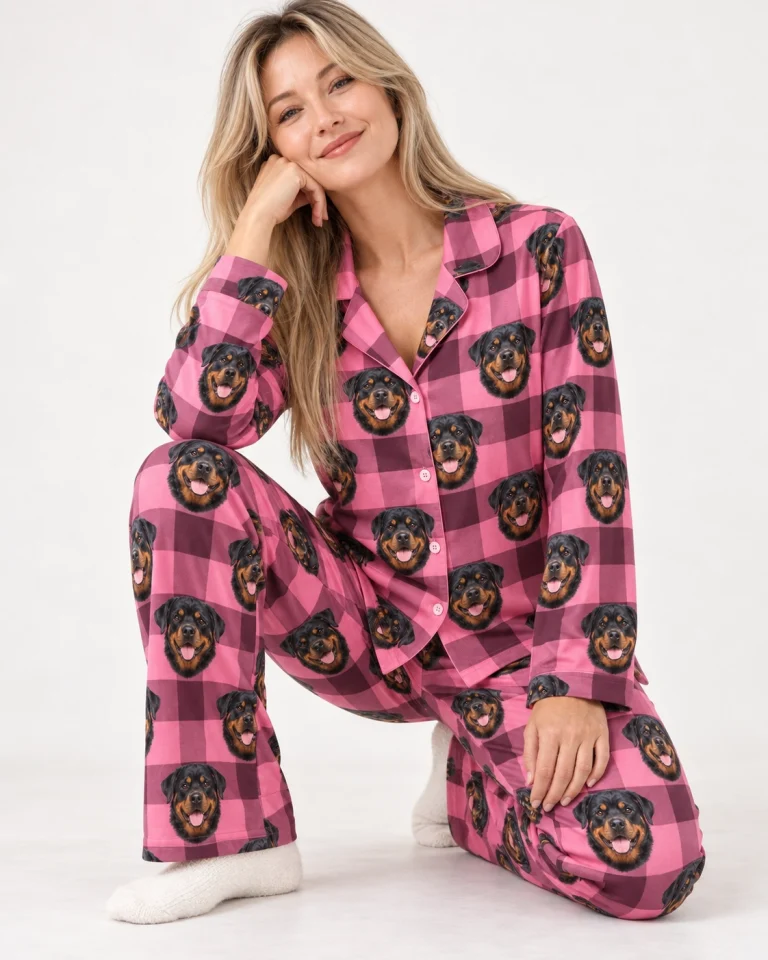 Woman sitting in rottweiler mom pajamas covered in black-and-mahogany Rottweiler faces — MyDogPics